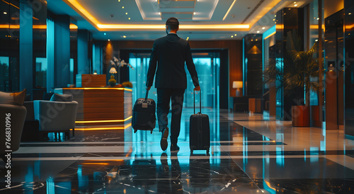 A businessman in a suit with luggage is entering the hotel lobby. A back view of the man walking to the check-in counter depicts a luxury business travel concept.