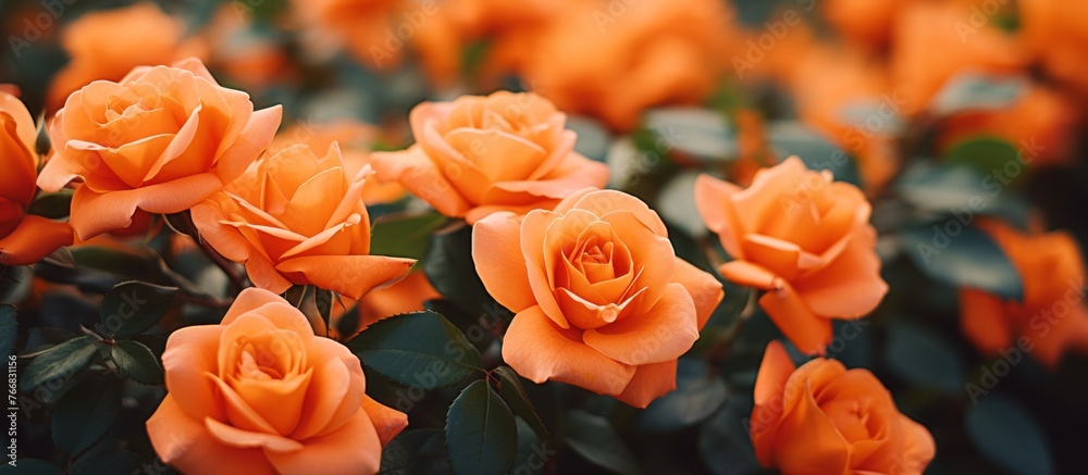 A beautiful bouquet of orange Hybrid tea roses is blooming on a flowering plant. These roses have vibrant petals and add a touch of natures beauty