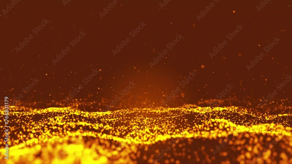 Golden particles wave moving bokeh abstract background with shining gold floating dust particles flare on yellow Background in animated motion