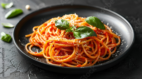 Delicious spaghetti pasta with prawns and cheese served on a black plate on a black background table Italian recipe  tomato sauce  vegetables  and spices top view with copy space  Generative Ai