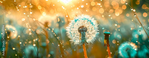 A field of dandelion flowers scattering their seeds to the wind