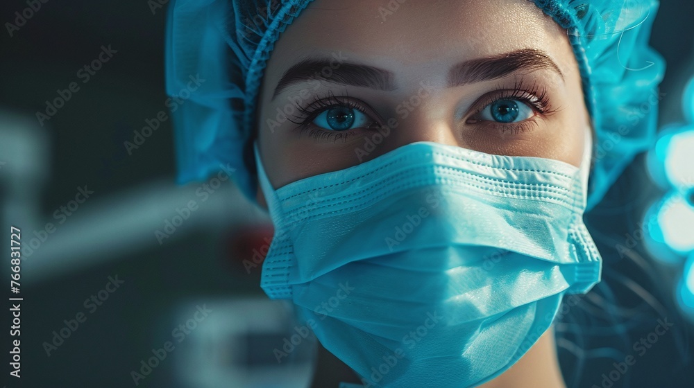 young woman physician in a cap and face mask within a surgery room interior, demonstrating a professional and sterile environment for medical operations and treatments young woman physician in a cap and face mask within a surgery room interior, demonstrating a professional and sterile environment for medical operations and treatments