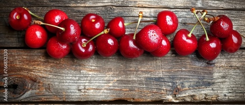   A cluster of cherries perched on a wooden table near a sheet with inscriptions © Albert