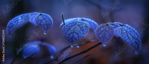   Blue plant in focus with water droplets on leaves against a blurred background © Albert