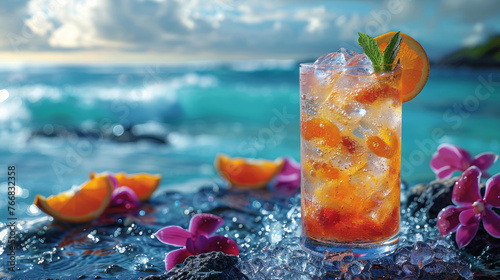 Refreshing Orange Cocktail On Rocks Beside Turquoise Sea
