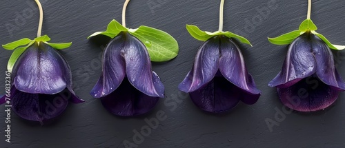  Four purple flowers with green leaves dangling from a line on a black background, featuring a lush green centerpiece © Albert