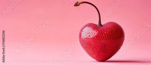   Red Heart-Shaped Apple on Pink Background with Stem © Albert