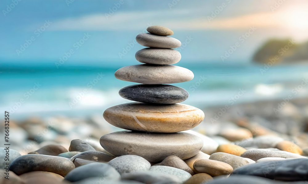 Pile of pebble zen stones stacked and balanced in harmony on the beach. Balance and stability concept. Pile of pebble zen stones stacked and balanced in harmony on the beach. Balance and stability concept.