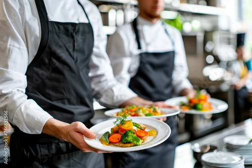 A close up of two hands holding plates with dishes. Restaurant kitchen where staff in uniforms and aprons are working