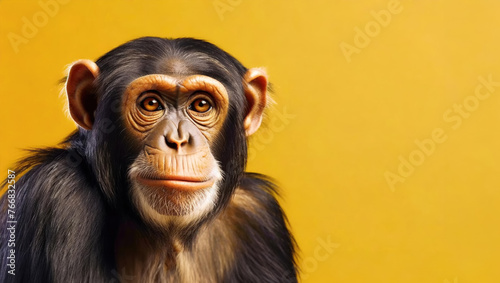 Portrait of a chimpanzee isolated on solid bright yellow background. © Cagkan