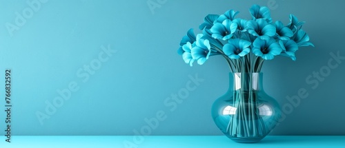  Blue blooms in a blue vase on a blue table against a light blue backdrop