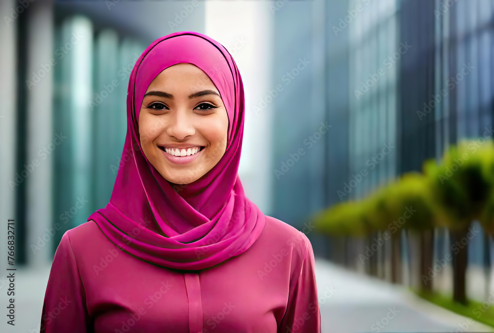 Portrait of a young, beautiful and confident Islamic Muslim Arabic business woman wearing hijab with corporate buildings background. Portrait of a young, beautiful and confident Islamic Muslim Arabic business woman wearing hijab with corporate buildings background.