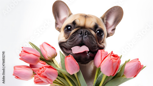 Dog holding a bouquet of tulips in his teeth on a white background  © Shahzaib