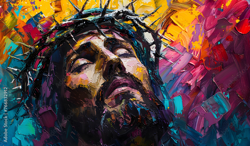 Colorful abstract art of Jesus with a crown of thorns, symbolizing Easter, crucifixion, and resurrection concept.