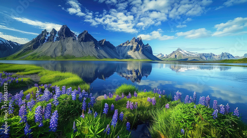 Stokksnes, Iceland with the Stordspecies of vestrahorn mountain in the background, a small lake and blue skies, purple flowers, green grass