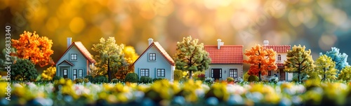 Delightful miniature models of houses surrounded by the vibrant colors of autumn trees and foliage, creating a picturesque seasonal scene.