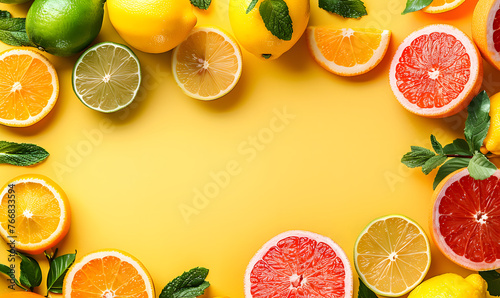 yellow summer concept top view of colorful citrus fruits orange lemon lime grapefruit and mint leaves, Generative AI © simba kim