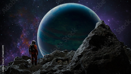 Astronaut stands on a craggy surface, looking out towards a vast, mysterious planet under a starry sky. 3d render
