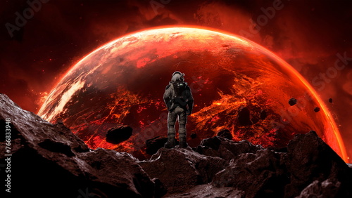 Astronaut surveys a rocky extraterrestrial landscape under the glow of a massive red planet. 3d render
