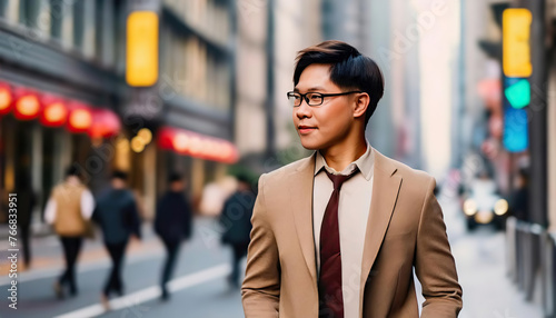 Candid portrait of a male, young Asian businessman in suits walking on the streets of the city.