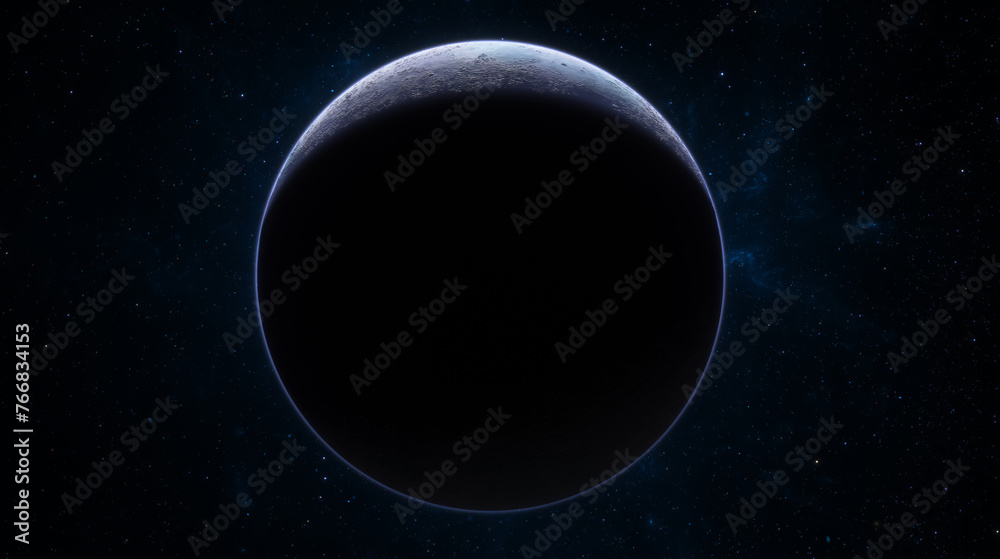 Fototapeta premium Dark celestial body planet presents a thin crescent against the backdrop of space