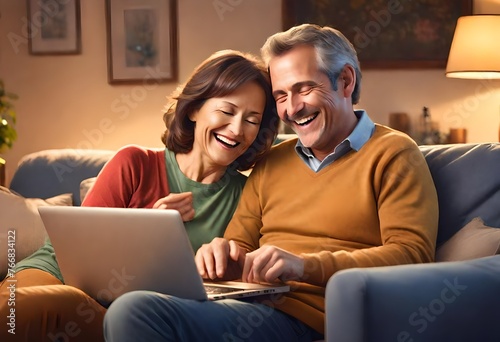 happy middle-aged couple relaxes on a couch at home, both engrossed in using a laptop computer
