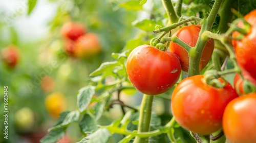 Ripe tomato plant growing in greenhouse.