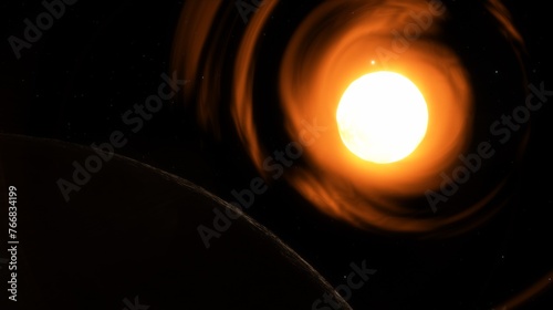 Luminous star emits intense light and energy, with a planet silhouetted against swirling solar winds. 3d render