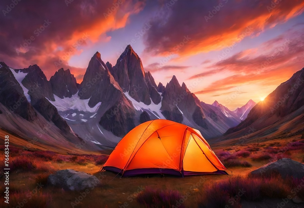  glowing orange tent is nestled among the rugged mountains, set against a dramatic evening sky