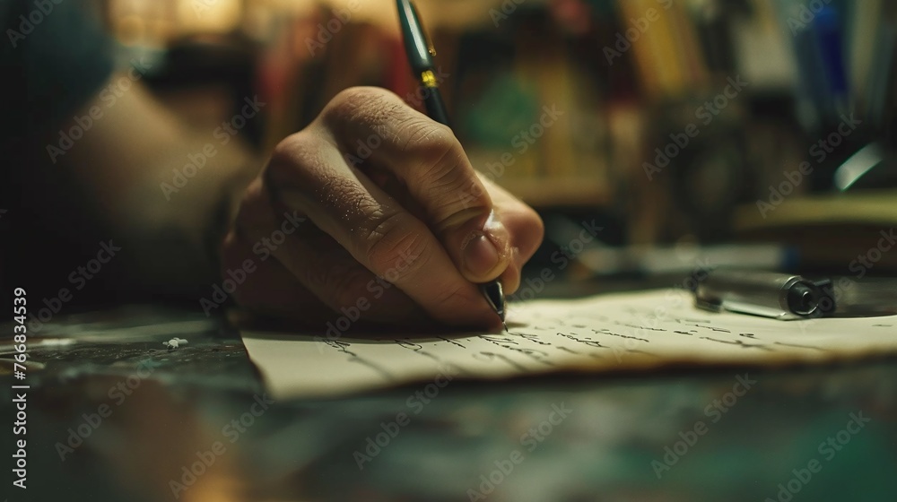 Obraz premium human hand writing on paper closeup in the foreground, detail of pen and fingers, handwriting a note and text, document writing in office