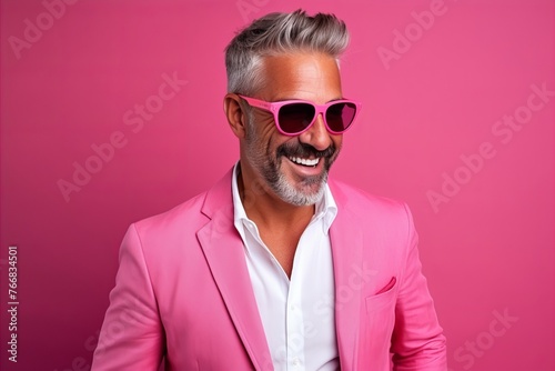 Portrait of stylish mature man in sunglasses looking at camera and smiling while standing against pink background