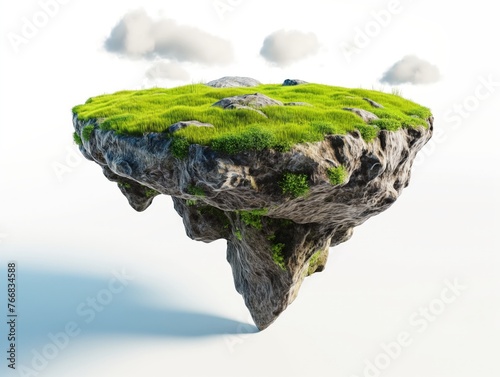 A concept of a floating island with green grass and rocky edges against a sky background.