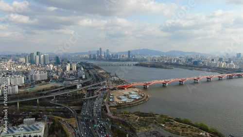 South Korea, Seoul, Mangwon-dong, Seongsandaegyo Bridge, Han River, Yeouido Building, Road, Traffic photo