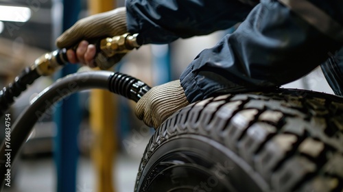 hands holding hose pumping car tire at vulcanizing workshop, closeup of mechanic inflating tire, automotive repair service and maintenance, garage tools and equipment
