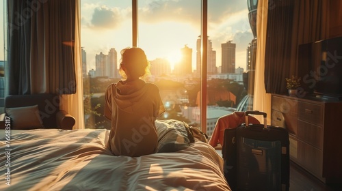 A female traveler gazes out at the sunrise over the city skyline from the comfort of her hotel room.