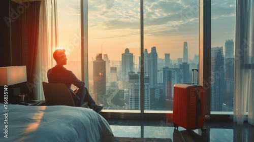 A man sits by the window in...