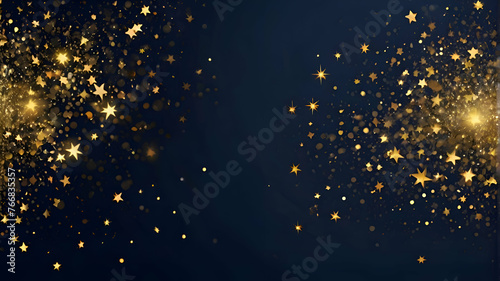 Abstract background with gold stars, particles and sparkling on navy blue. Christmas Golden light shine particles bokeh on navy blue background. 2024 New year background. Gold foil texture © Badi