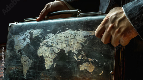 Global Business Leadership: Hand Holding Briefcase with World Map