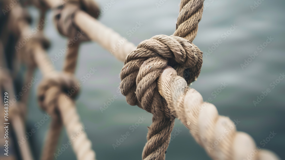 Close up of rope on the deck of a sailing ship. Dependency concept Close up of rope on the deck of a sailing ship. Dependency concept