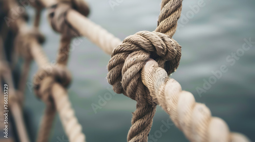 Close up of rope on the deck of a sailing ship. Dependency concept