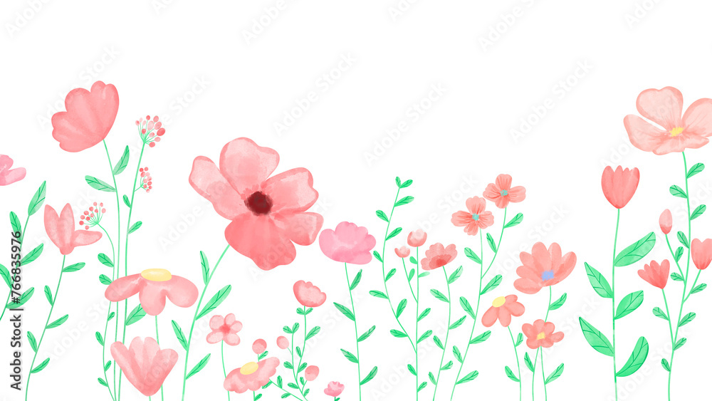 Red and pink flowers with green leaves in watercolor on a transparent background.
