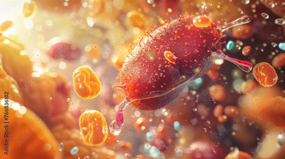 A 3D depiction of fatsoluble vitamins being stored in the liver and fatty tissues, showing longterm storage and release mechanisms , 3D Render - obrazy, fototapety, plakaty 