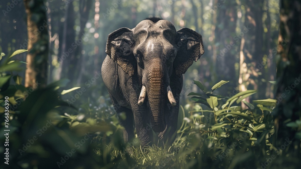 Fototapeta premium a majestic wild elephant walking through the lush forest capturing the essence of nature and wildlife