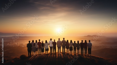 Diverse multicultural people looking towards horizon with blurred background  copy space for text