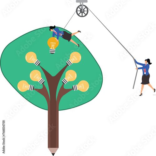 Creative Pencil Tree, Inspiration Sapling, Fruit of Inspiration, Source of Inspiration, Businesswoman Picking Light Bulbs from Creative Pencil Tree