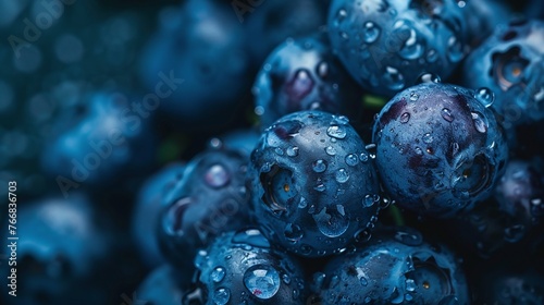 fresh and vibrant blue berries with water drops on dark background showing natural and healthy texture in closeup
