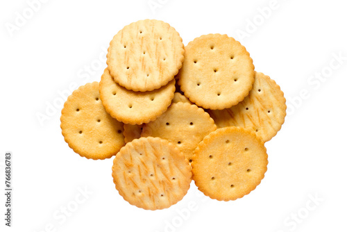 Pile of crackers isolated on white background. Lots of cookies top view. Round biscuits.