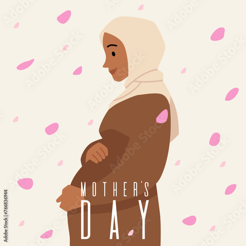 Vector illustration of a pregnant woman wearing hijab showing motherhood.