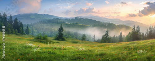 Beautiful panoramic view of a colorful green meadow with flowers and a forest in mountains at sunrise in the Carpathian mountain range photo