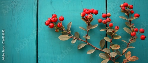   Teal-painted wall with leaves and berries, featuring a branch adorned with red fruit © Albert